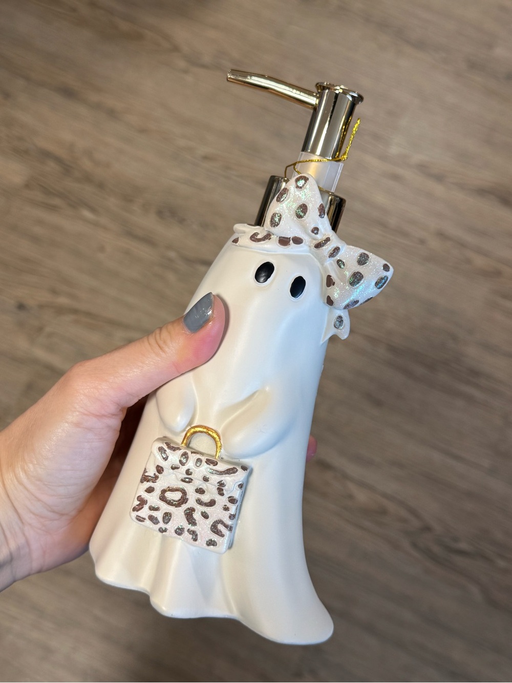 White Ghost hand Soap Dispenser with Leopard Bow